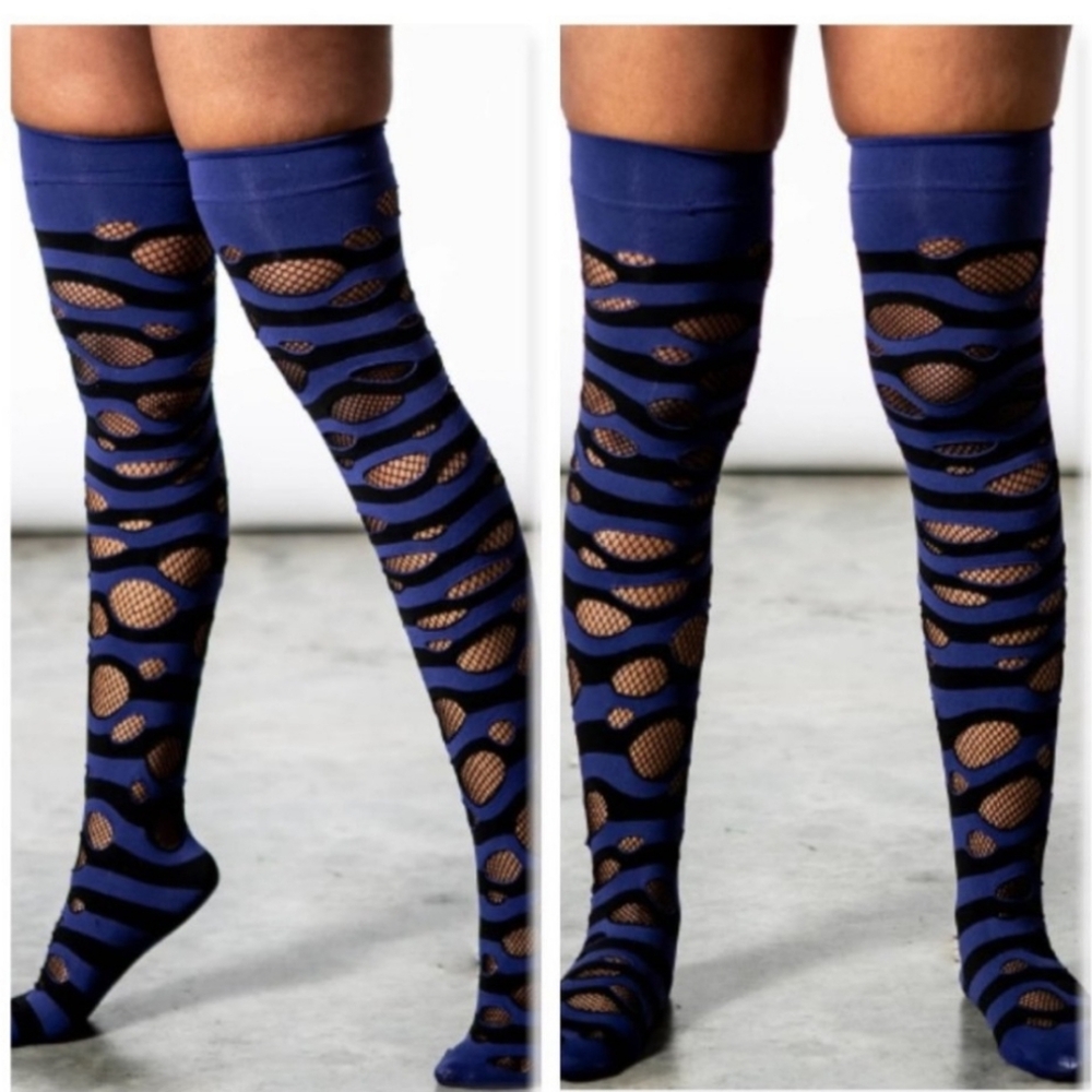 Killstar Wretched Soul Distress Thigh High Socks Black/Midnight